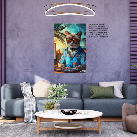 Tablou Canvas Pisoiul Korat în Cămașă Tropicală - Lucrează la Calculator | Artă Digitală, Marime 40x25CM [2]