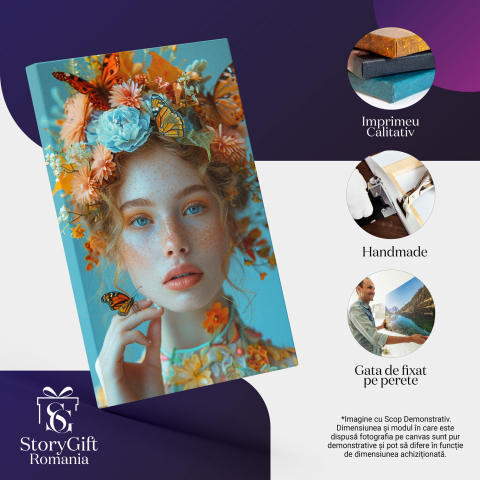 Tablou Canvas Tânără cu Pistrui și Fluturi – Pictură Digitală Colorată, Marime 40x25CM [1]