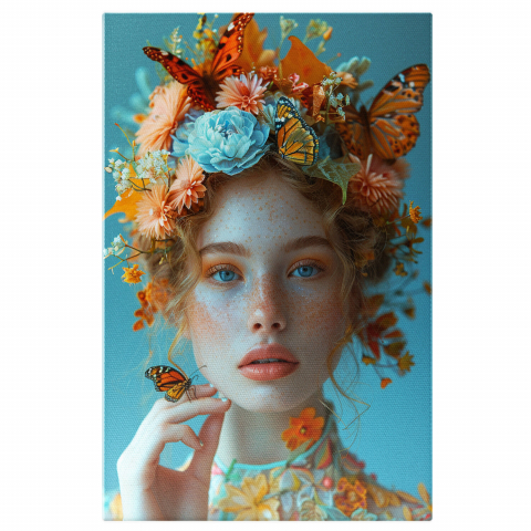 Tablou Canvas Tânără cu Pistrui și Fluturi – Pictură Digitală Colorată, Marime 40x25CM