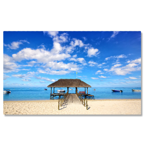 Plajă - Tablou Canvas Plaja in Mauritius, golf, plaja, barca, calm, peisaj de nori, coasta, linistit, orizont, idilic, ocean Indian, insula, pasarela, Mauritius. 2966 40x25CM