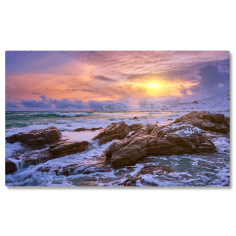 Apus și Răsări - Tablou Canvas - Plaja Skagsanden in Lofoten: fjord, sunset, cloud, landscape, norwegian, ocean 40x25CM