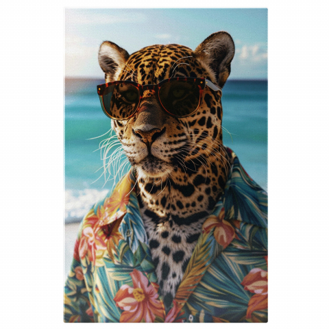Tablou Canvas Tropical - Jaguar cu Ochelari și Cămașă Hawaiană, Marime 40x25CM