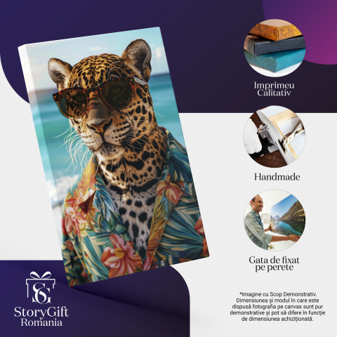 Tablou Canvas Tropical - Jaguar cu Ochelari și Cămașă Hawaiană, Marime 40x25CM [1]