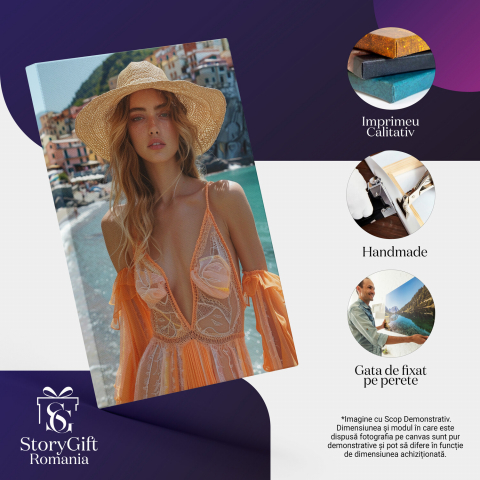 Plimbarea Femeii pe Plajă cu Pălărie de Paie - Podium la Malul Mării în Port, Marime 40x25CM [1]