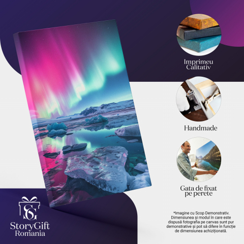 Ploaie de Lumini Boreale - Munti și Gheata ce Luceste ca Oglinda - Pictură Digitală, Marime 40x25CM [1]