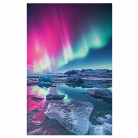 Aurora Boreală - Ploaie de Lumini Boreale - Munti și Gheata ce Luceste ca Oglinda - Pictură Digitală, Marime 40x25CM