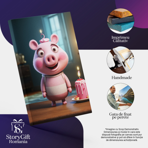 Tablou Canvas:  Porcusorul sarbatorit care se pregateste sa-si sufle lumanarea de pe tort-pentru Iubitorii Peppa Pig Pictura Digitala 40x25CM [2]