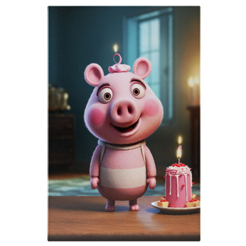 Personaje Desene Animate - Tablou Canvas:  Porcusorul sarbatorit care se pregateste sa-si sufle lumanarea de pe tort-pentru Iubitorii Peppa Pig Pictura Digitala 40x25CM