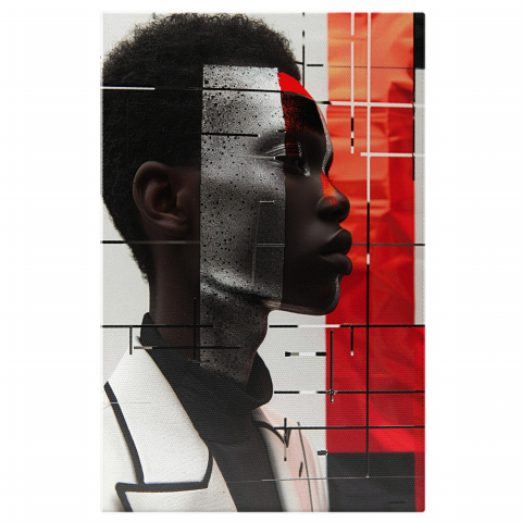 Portret - Tablou Canvas - Portret Abstract al unui Bărbat Plin de Mister, Expresii Argintii Nebănuite, Marime 40x25CM