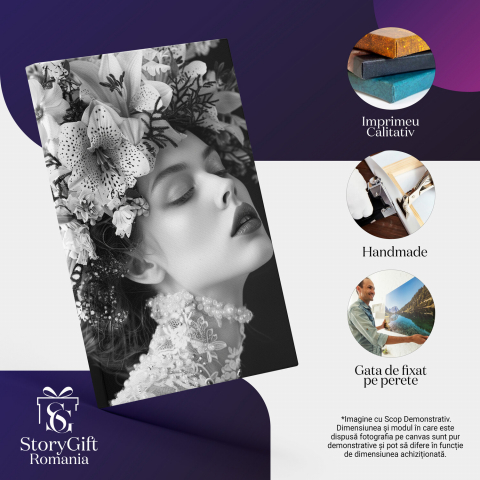 Portret Alb-Negru cu Femeie cu Flori în Păr - Pictură Digitală, Marime 40x25CM [1]