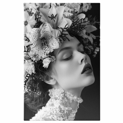 Flori - Portret Alb-Negru cu Femeie cu Flori în Păr - Pictură Digitală, Marime 40x25CM