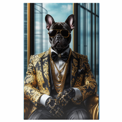 Personalizate cu Animalul Tau -  Tablou Canvas Personalizat Portret Elegant Cu Sacou Galben Și MedalioaneMarime 40x25CM