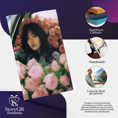 Tablou Canvas:  Portret de fata in masina - plina cu trandafiri fotografie roz Pictura Digitala 40x25CM [2]