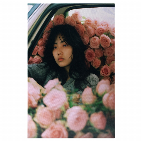 Flori - Portret de Fată în Mașină cu Trandafiri Roz - Pictură Digitală, Marime 40x25CM