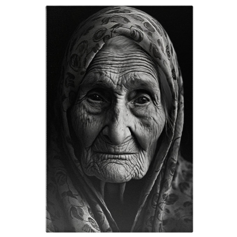 Portret - Tablou Canvas:  Portret de femeie batrana - ochi indurerati tristete b&w Pictura Digitala 40x25CM