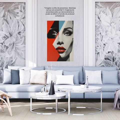 Tablou Canvas - Portret de Femeie în Stil Abstract, Buze Roșii și Figuri Geometrice, Marime 40x25CM [3]