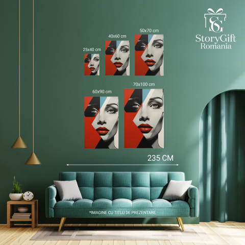 Tablou Canvas - Portret de Femeie în Stil Abstract, Buze Roșii și Figuri Geometrice, Marime 40x25CM [2]