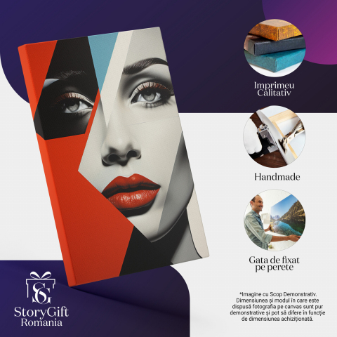 Tablou Canvas - Portret de Femeie în Stil Abstract, Buze Roșii și Figuri Geometrice, Marime 40x25CM [1]