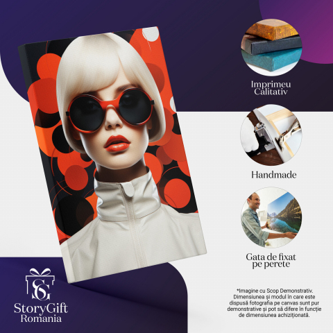 Tablou Canvas Portret Femeie cu Păr Blond Platinat și Ochelari de Soare - Artă Digitală Stilizată, Marime 40x25CM [1]