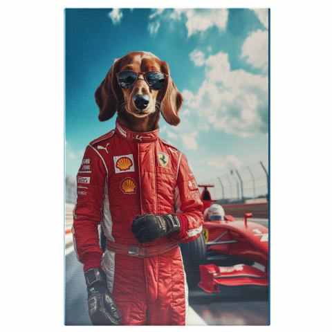 Vehicule -  Tablou Canvas Personalizat Pilot De Formula 1 Cu Mașină Roșie Pe CircuitMarime 40x25CM