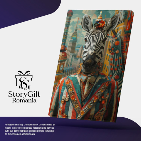 Tablou Canvas Portret de Zebră la costum elegant - Fundal cu clădiri colorate desenate pe un perete , Pictura Digitala 40x25CM [4]