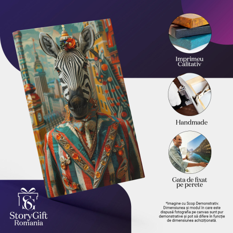 Tablou Canvas Portret de Zebră la costum elegant - Fundal cu clădiri colorate desenate pe un perete , Pictura Digitala 40x25CM [2]