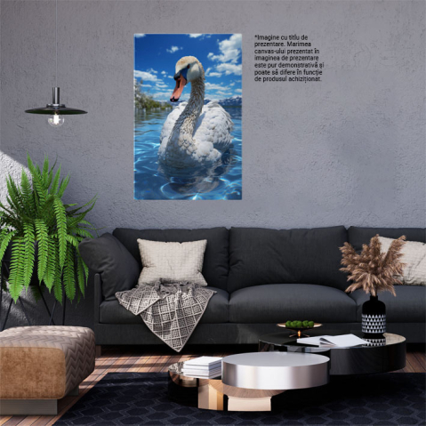 Tablou Canvas: Portret de Zi Lebăda pe Apă Albastră cu Pomi și Munți în Fundal Pictura Digitala 40x25CM [1]