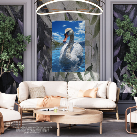 Tablou Canvas cu Portretul unei Lebede pe Apa Albastră, cu Pomi și Munți în Fundal, Marime 40x25CM [3]
