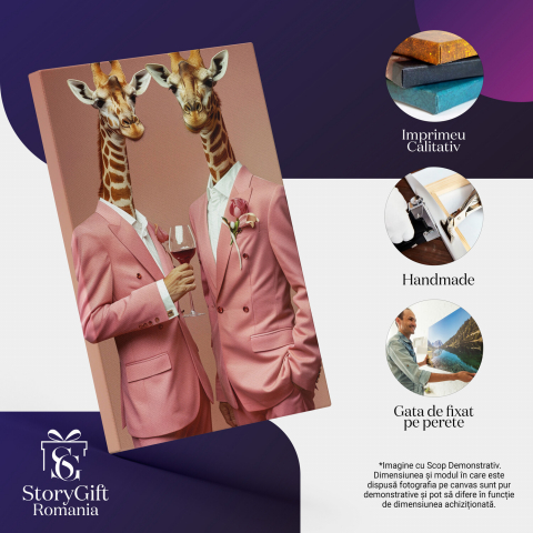 Tablou Canvas Portret Dual al Girafelor în Costume Roz cu Flori, Marime 40x25CM [1]