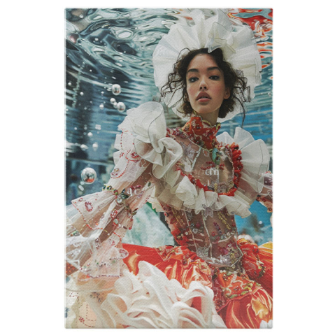 Modă - Tablou Canvas:  Portret Femie Subacvatic cu Rochie Roșie și Volane- Fotografie Artistică Pictura Digitala 40x25CM