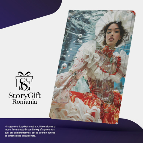 Tablou Canvas:  Portret Femie Subacvatic cu Rochie Roșie și Volane- Fotografie Artistică Pictura Digitala 40x25CM [4]