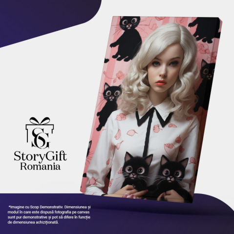 Tablou Canvas:  Portret feminin cu par blond si mari ochi albastri inconjurata de pisici negre si accente de culoare roz- contur estetic si feminin Pictura Digitala 40x25CM [4]