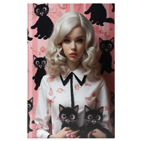 Portret - Tablou Canvas:  Portret feminin cu par blond si mari ochi albastri inconjurata de pisici negre si accente de culoare roz- contur estetic si feminin Pictura Digitala 40x25CM