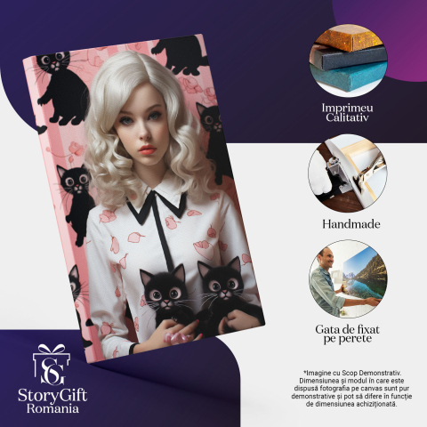 Tablou Canvas:  Portret feminin cu par blond si mari ochi albastri inconjurata de pisici negre si accente de culoare roz- contur estetic si feminin Pictura Digitala 40x25CM [2]