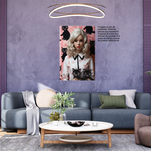 Tablou Canvas:  Portret feminin cu par blond si mari ochi albastri inconjurata de pisici negre si accente de culoare roz- contur estetic si feminin Pictura Digitala 40x25CM [1]