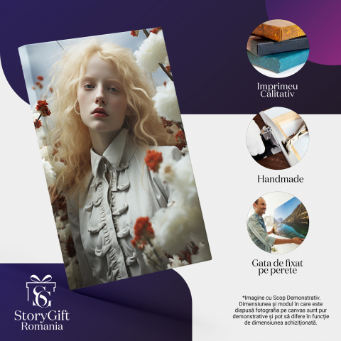 Tablou Canvas cu Portretul Feminin European cu Albinism între Flori Albe și Roșii, Marime 40x25CM [1]