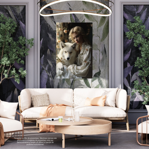 Tablou Canvas cu Portretul unei Femei Europene cu Păr Lung și Lup Alb, Marime 40x25CM [3]