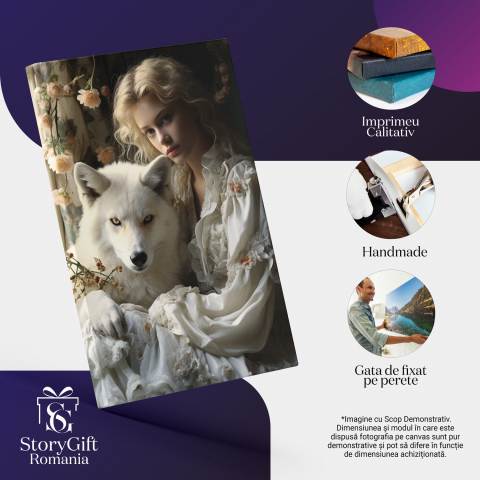 Tablou Canvas cu Portretul unei Femei Europene cu Păr Lung și Lup Alb, Marime 40x25CM [1]