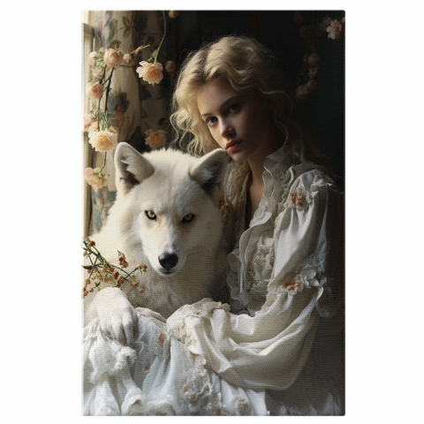 Câini - Tablou Canvas cu Portretul unei Femei Europene cu Păr Lung și Lup Alb, Marime 40x25CM