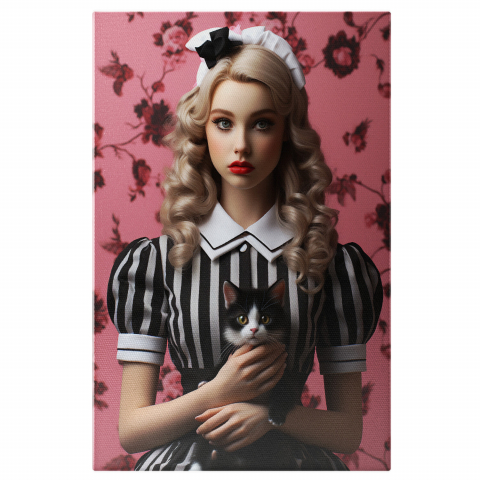 Portret feminin cu inspirație de menajeră, pisicuță în brațe, fundal roz și accente florale, Marime 40x25CM