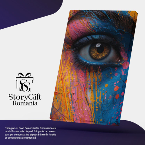 Tablou Canvas  Portret Feminin Ochi Caprui cu Genele Lungi si Spranceana, Chip Pictat in multe Culori , Pictura Digitala 40x25CM [4]