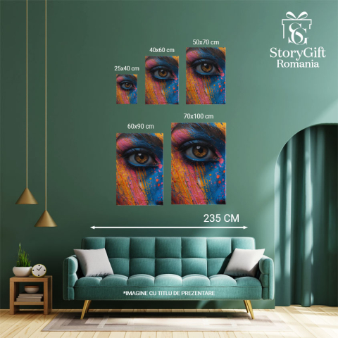 Tablou Canvas  Portret Feminin Ochi Caprui cu Genele Lungi si Spranceana, Chip Pictat in multe Culori , Pictura Digitala 40x25CM [3]