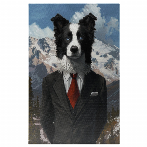 Câini - Tablou Canvas Portret Fotorealistic al Câinelui Akita în Costum cu Cravată Roșie, Marime 40x25CM