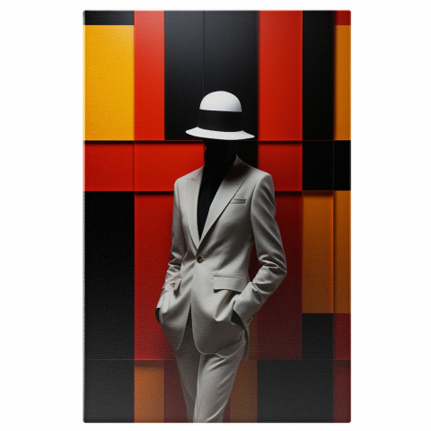 Modă - Tablou Canvas cu Portretul unui Manechin în Costum Crem și Pălărie pe Fundal Geometric, Marime 40x25CM