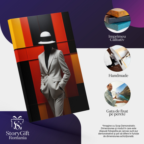 Tablou Canvas cu Portretul unui Manechin în Costum Crem și Pălărie pe Fundal Geometric, Marime 40x25CM [1]