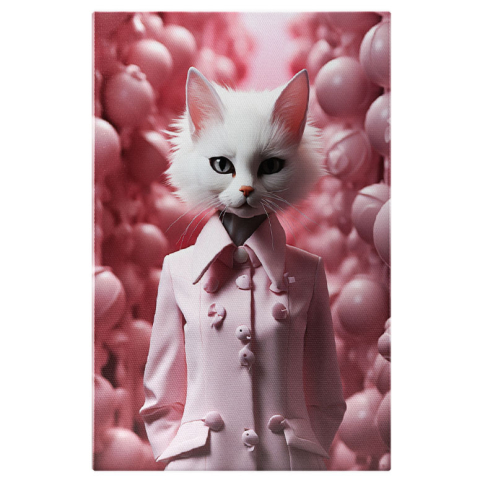 Pisici - Tablou Canvas:  Portret pisica alba in costum business roz inconjurata de clopotei roz-  fotografie artistica Pictura Digitala 40x25CM