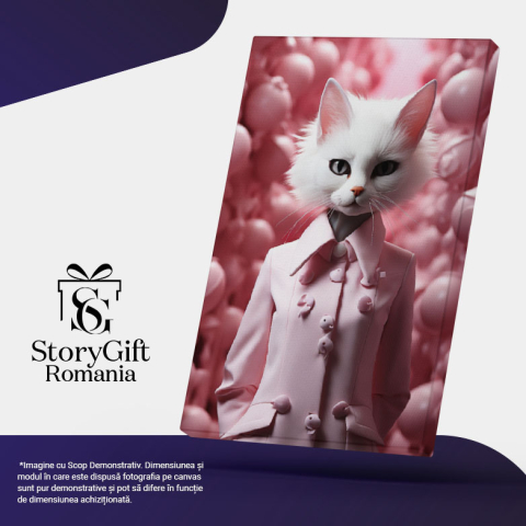 Tablou Canvas:  Portret pisica alba in costum business roz inconjurata de clopotei roz-  fotografie artistica Pictura Digitala 40x25CM [4]