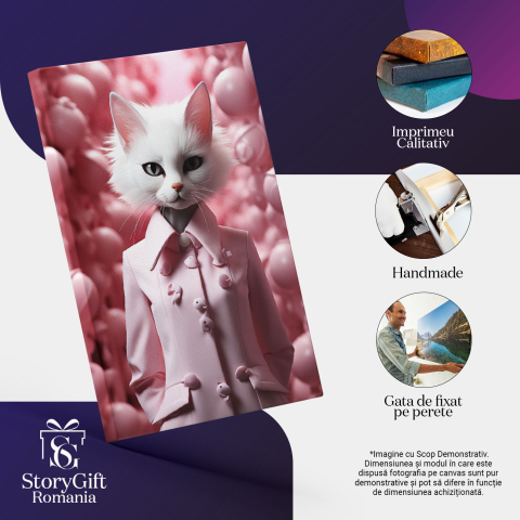 Tablou Canvas:  Portret pisica alba in costum business roz inconjurata de clopotei roz-  fotografie artistica Pictura Digitala 40x25CM [2]