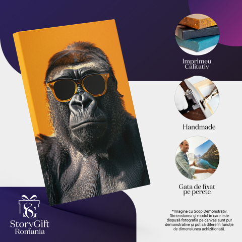 Tablou Canvas Portret Gorilă cu Ochelari de Soare Galbeni - Pictură Digitală Close-Up, Marime 40x25CM [1]