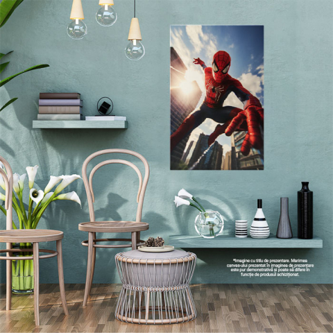 Tablou Canvas: Portret Spiderman în Săritură cu plase între Zgârie Nori Pictura Digitala 40x25CM [1]